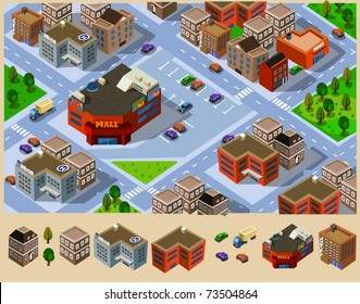 Buildings and Mall in a city. Compose your own city