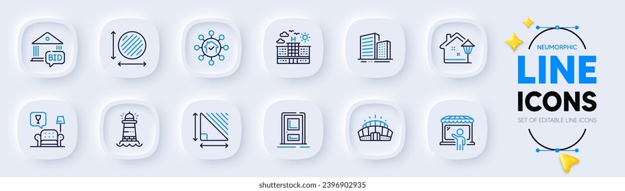 Buildings, Market seller and Home facility line icons for web app. Pack of Lighthouse, Arena stadium, Bid offer pictogram icons. Street light, Circle area, Triangle area signs. Entrance. Vector