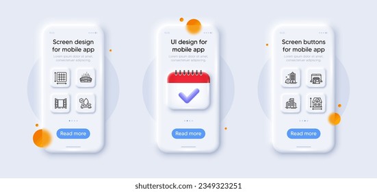 Buildings, Marketplace and House dimension line icons pack. 3d phone mockups with calendar. Glass smartphone screen. Open door, Arena stadium, Flood insurance web icon. Vector