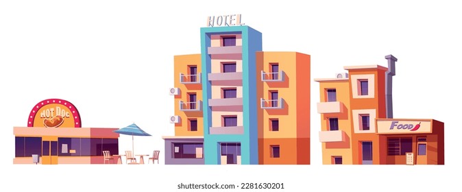 Buildings from Miami street, Florida. American city vintage hotel, restaurant and house with food shop isolated on white background, vector cartoon illustration