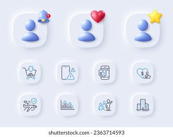 Buildings, Mobile like and Phone warning line icons. Placeholder with 3d bell, star, heart. Pack of Shopping, Leadership, Investment graph icon. Volunteer, Flight insurance pictogram. Vector