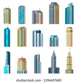 Buildings and modern city houses. Building business office apartment exterior flat home tall glass skyscraper town cartoon vector set