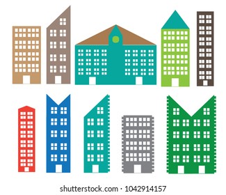 Buildings and modern city houses flat vector icons