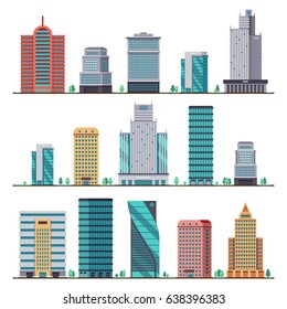Buildings and modern city houses flat vector icons