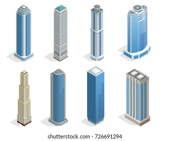 Buildings and modern city houses on 50-70 floors flat isoleted vector icons. Isometric projection of a three-dimensional houses, buildings for web projects, business presentations, infographics, game