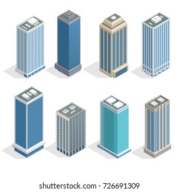 Buildings and modern city houses on 30-40 floors flat isoleted vector icons. Isometric projection of a three-dimensional houses, buildings for web projects, business presentations, infographics, game