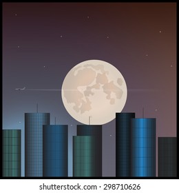 Buildings and the moon in the sky. Vector illustration.