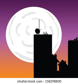 buildings in the moonlight vector art color illustration