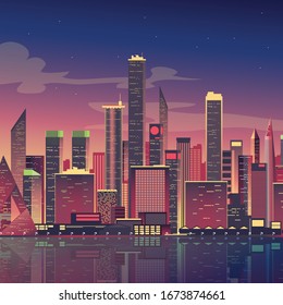 Buildings in new york city downtown with light from windows at morning sky. Vector illustration.