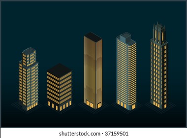 buildings at night - isometric perspective - vector - isolated objects