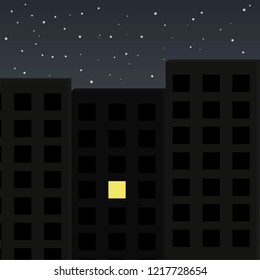 Buildings at night with one lonely light in the window vector illustration