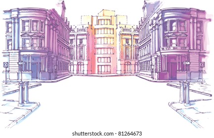 The buildings - old and new - are at the city street in a pastel shades. It's the hand-drown colored sketch.