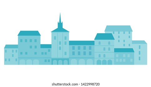 Buildings of an old town in blue monochrome color. Isolated illustration in flat style in horizontal format.