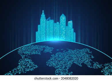 Buildings on abstract earth. Futuristic network representation. Graphic concept for your design
