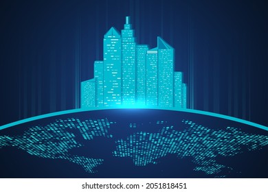 Buildings on abstract earth. Futuristic network representation. Graphic concept for your design