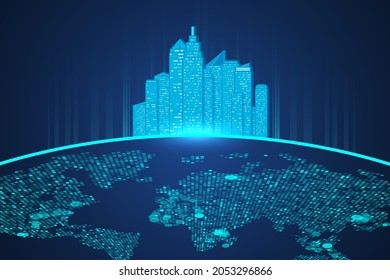 Buildings on abstract earth. Futuristic network representation. Graphic concept for your design