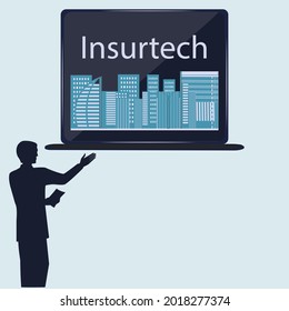 Buildings on the computer screen, people - vector. Insurance equipment building, buying and renting houses. Insurtech concept.