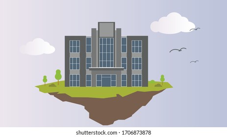 buildings on a floating island, there are clouds, birds and plants. vector illustration