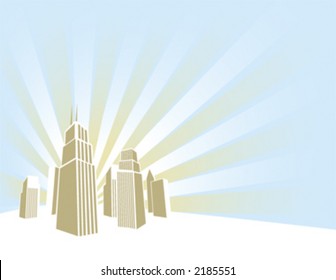 Buildings on a horizon with lighting beaming out of them