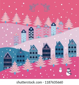 Buildings on pink, gray, white, neutral and blue colors. Vector illustration. Colorful bright houses with trees on the hills.