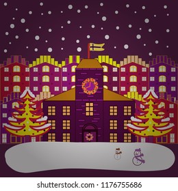 Buildings on purple, white and yellow colors. Vector illustration. Colorful bright houses with trees on the hills.