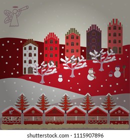 Buildings on red, neutral and gray colors. Vector illustration. Colorful bright houses with trees on the hills.