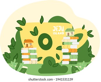 Buildings on stacks of books. Jeju nature, Korean culture illustration. Nature of island for tourism