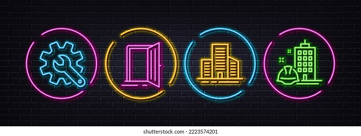 Edificios, puertas abiertas y iconos de línea mínima de personalización. Luces 3d láser neón. Iconos de construcción. Para web, aplicación, impresión. Arquitectura de la ciudad, entrada, configuración. Vector