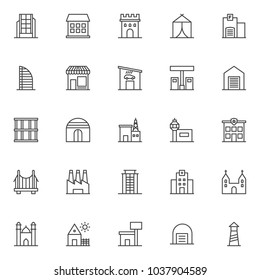 Buildings outline icons set. linear style symbols collection, line signs pack. vector graphics. Set includes icons as modern office building, house, castle tower, hotel, garage