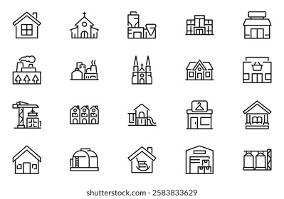 Buildings outline icons set. Linear icon collection. Editable stroke. Vector illustration