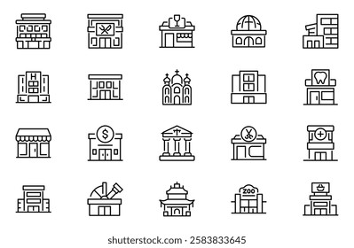 Buildings outline icons set. Linear icon collection. Editable stroke. Vector illustration