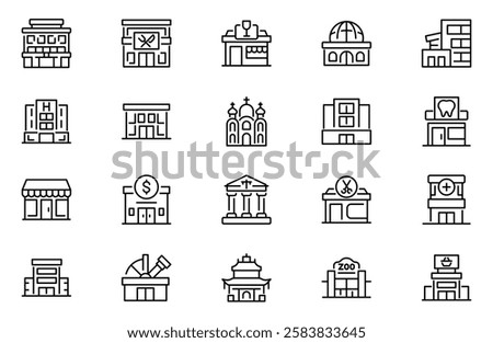 Buildings outline icons set. Linear icon collection. Editable stroke. Vector illustration