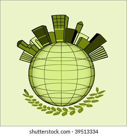 buildings over wire globe in green leaves below