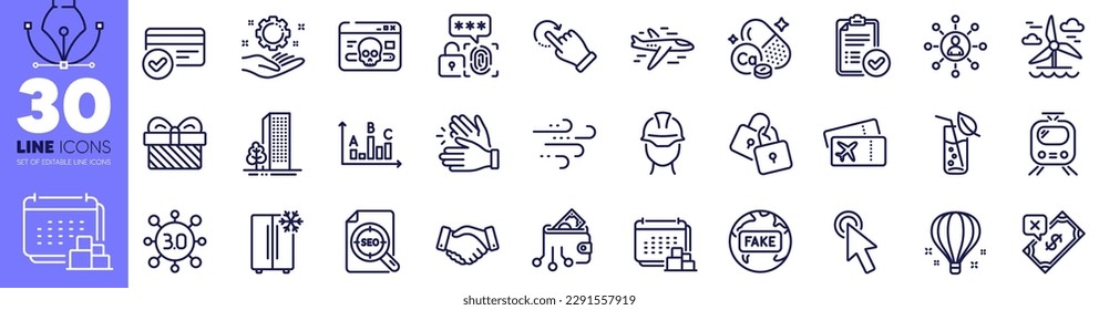 Buildings, Payment methods and Cyber attack line icons pack. Employee hand, Locks, Refrigerator web icon. Windmill, Clapping hands, Train pictogram. Airplane, Survey results, Rejected payment. Vector