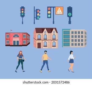 buildings and pedestrian with traffic lights