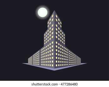 Buildings in perspective, the moon at night. The outline of the houses, the city in 3D. Vector illustration.