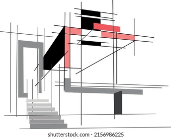 Buildings in perspective. Project, working drawing, scaffolding, construction stages.