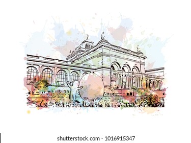 Buildings of Philadelphia City in Pennsylvania, USA. Watercolor splash with hand drawn sketch illustration in vector.