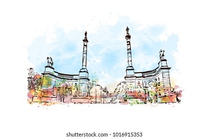 Buildings of Philadelphia City in Pennsylvania, USA. Watercolor splash with hand drawn sketch illustration in vector.