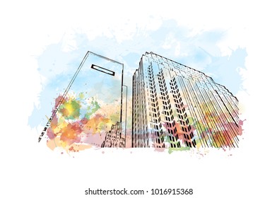 Buildings of Philadelphia City in Pennsylvania, USA. Watercolor splash with hand drawn sketch illustration in vector.