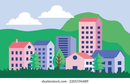 buildings and pines with mountains