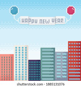 Buildings pixel art. City pixel art. Vector illustration. Happy new year.