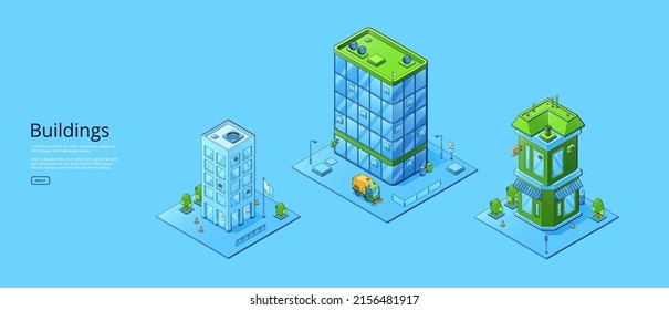 Buildings poster with isometric house, office and store isolated on blue background. Vector horizontal banner of city architecture with facade of residential, business and commercial buildings