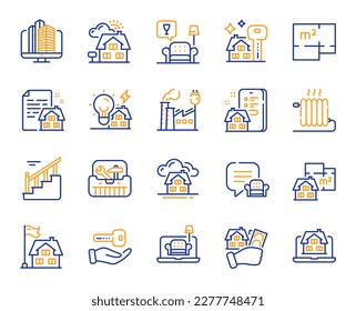 Buildings property line icons. Home floor plan, Apartment furniture and Real estate set. Factory building, city office and property mortgage line icons. New home, radiator and stairs. Vector