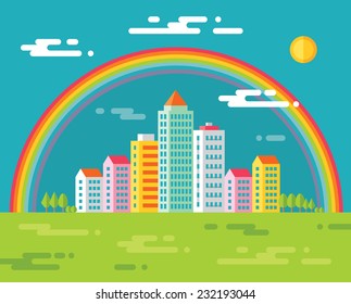 Buildings and rainbow in city - vector concept illustration in flat design style for presentation, booklet, web site and different projects. Urban landscape. Real estate architecture.