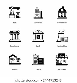 Buildings, Real estate, houses, icons collection. Icon set contains such as skyscraper, home, apartment, blueprint, key, mortgage document, and more. Simple web and mobile vector icon set.