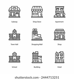 Buildings, Real estate, houses, icons collection. Icon set contains such as skyscraper, home, apartment, blueprint, key, mortgage document, and more. Simple web and mobile vector icon set.