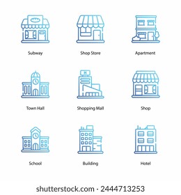 Buildings, Real estate, houses, icons collection. Icon set contains such as skyscraper, home, apartment, blueprint, key, mortgage document, and more. Simple web and mobile vector icon set.