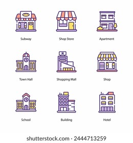 Buildings, Real estate, houses, icons collection. Icon set contains such as skyscraper, home, apartment, blueprint, key, mortgage document, and more. Simple web and mobile vector icon set.
