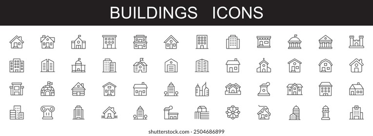 Buildings and real estate line icons set . editable stroke . on white background . Church, Sport Stadium, Medical Hospital and house, office, bank, school, hotel, shop, university